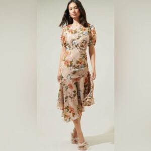NWOT Sugarlips Harbin Floral Balboa Asymmetrical Midi Cream/Orange Dress size S
